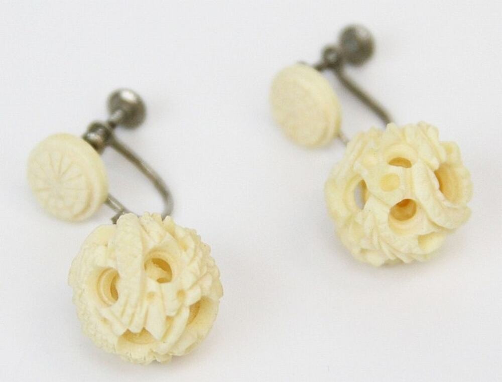 BOGO FREE Asian carved ivory celluloid screw on earrings vintage